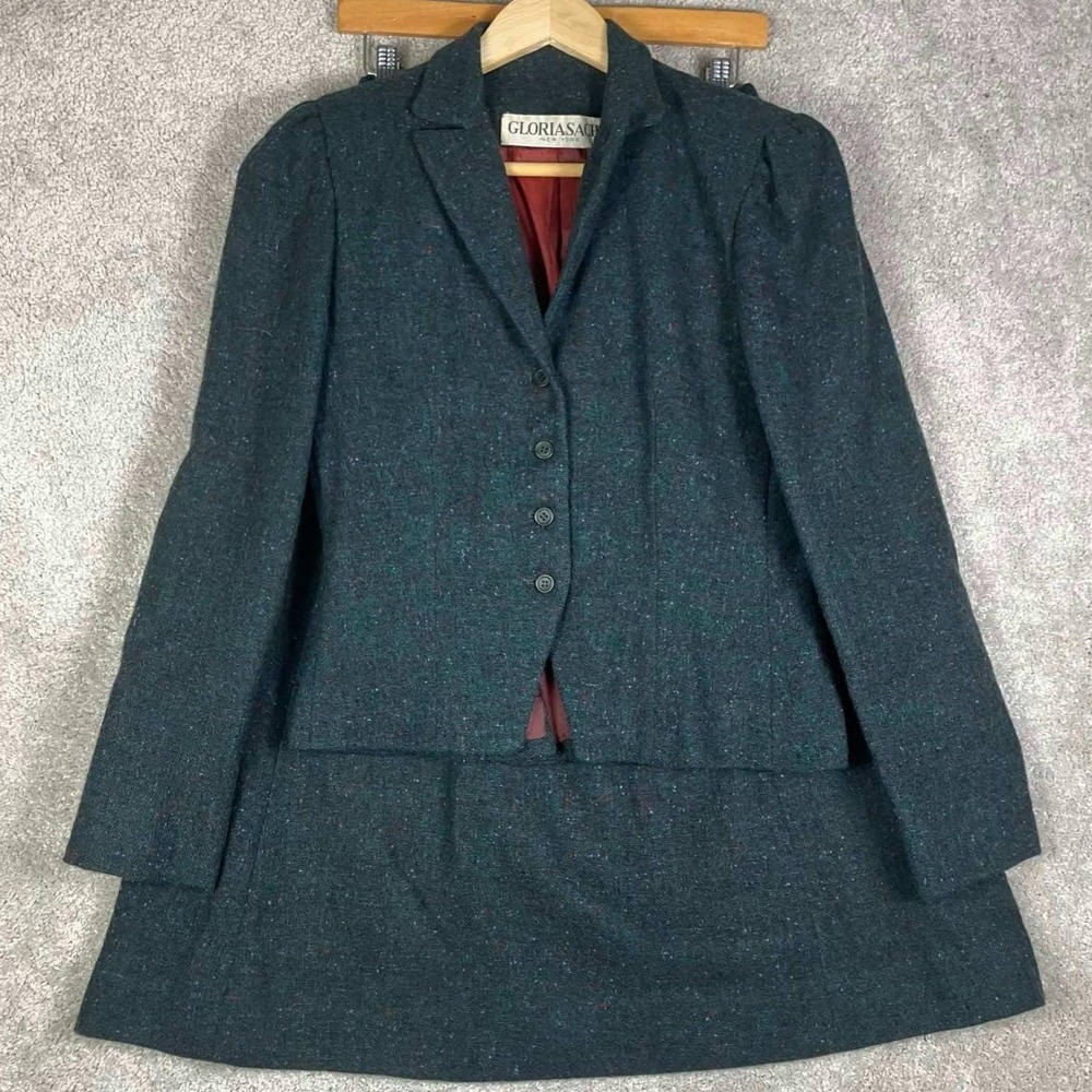Vintage 80s Gloria Sachs Green Tweed Skirt Suit Set Size 8 26x30 Union Made‎ USA